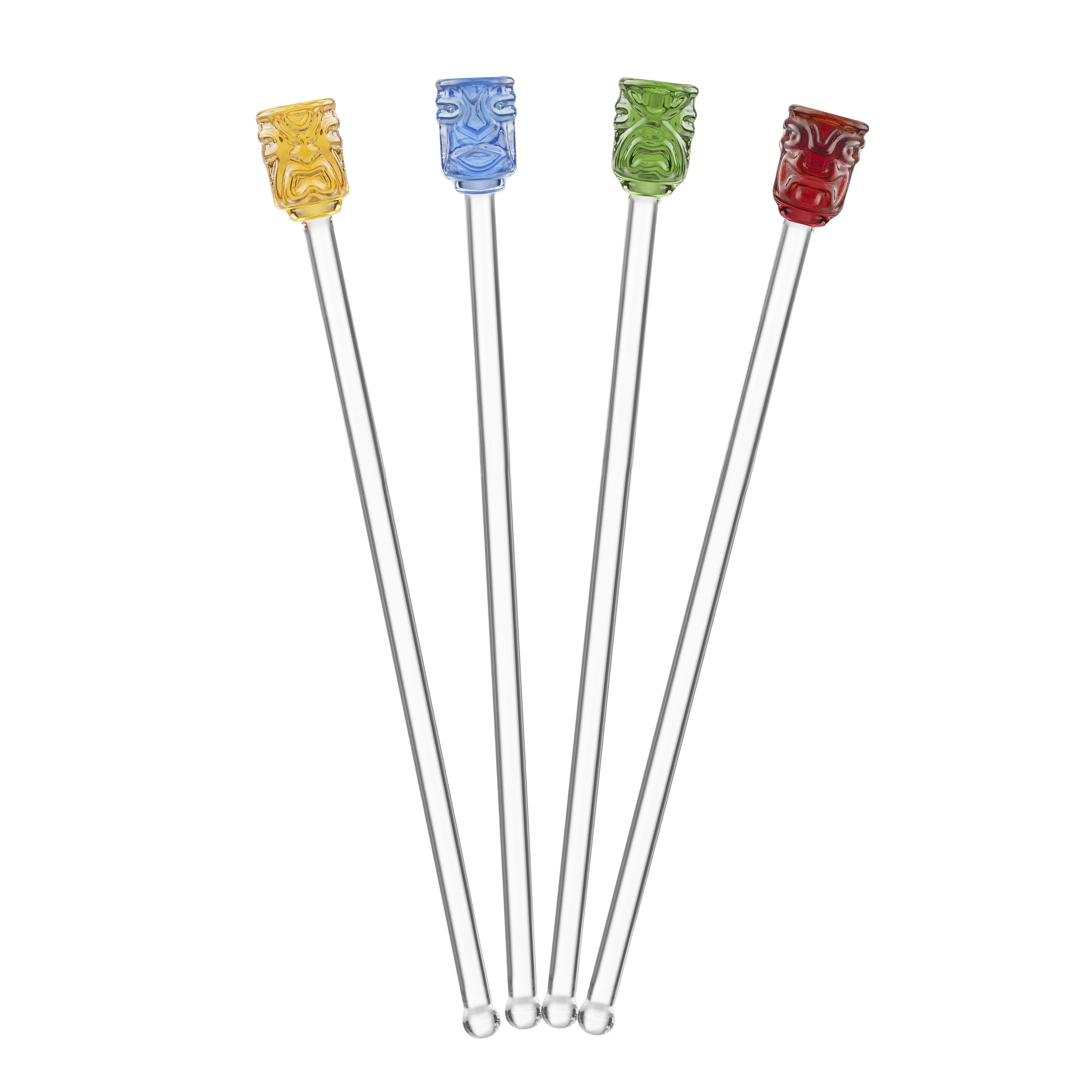 FINAL TOUCH GLASS TIKI HEAD DRINK STIRRERS SET OF 4 @ Windermere [1005500]